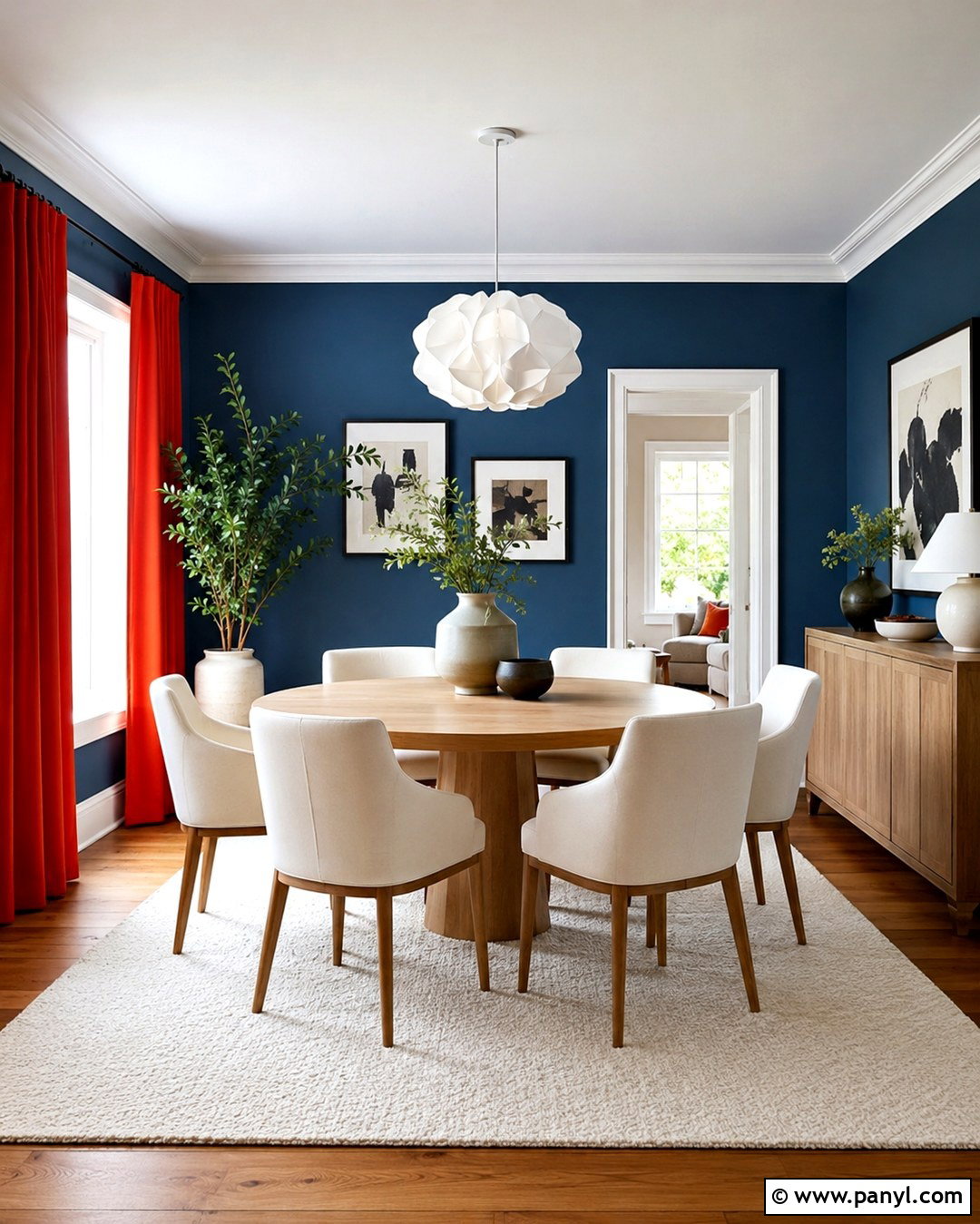 Petrol Blue Dining Room With Tomato Red Curtains - 20 Blue Walls Red Curtains