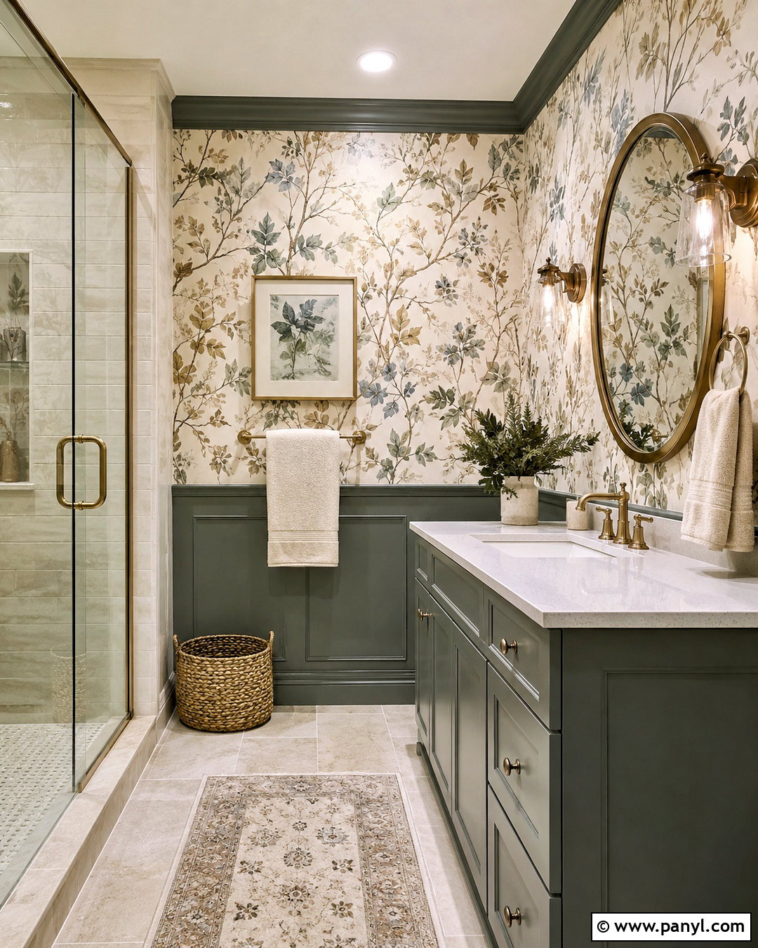 Pewter Green Bathroom With Botanical Wallpaper - 20 pewter green bathroom ideas