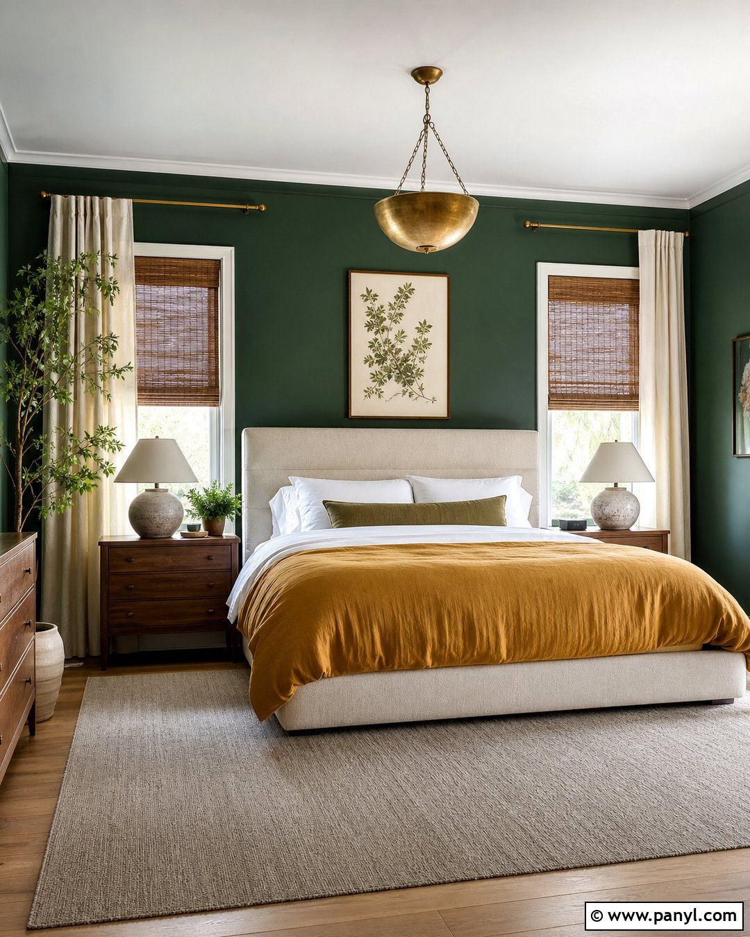 Phthalo Green Bedroom With Ochre Bedding - 20 Phthalo Green Walls