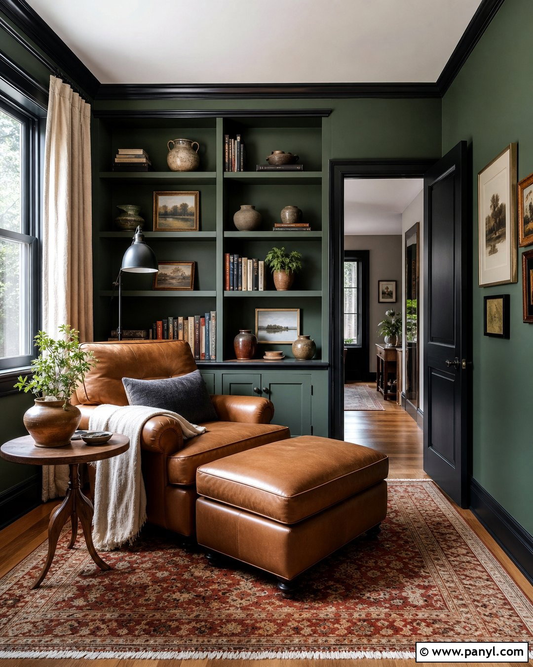Pine Green Reading Room With Black Trim - 25 Green Walls With Black Trim Ideas