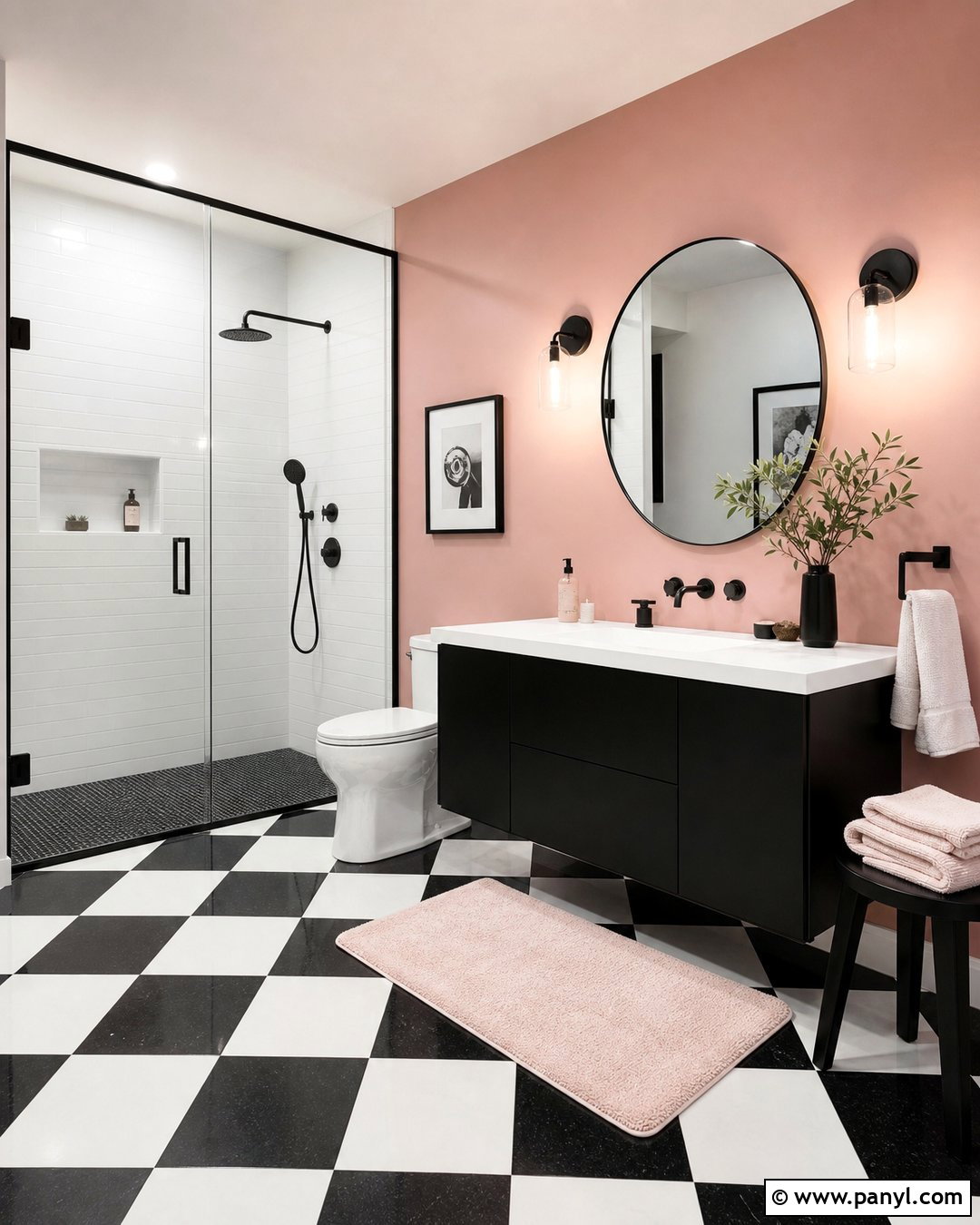 Pink Accent Wall With Black And White Floor - 20 Modern Bathroom With Pink Accent Wall Ideas
