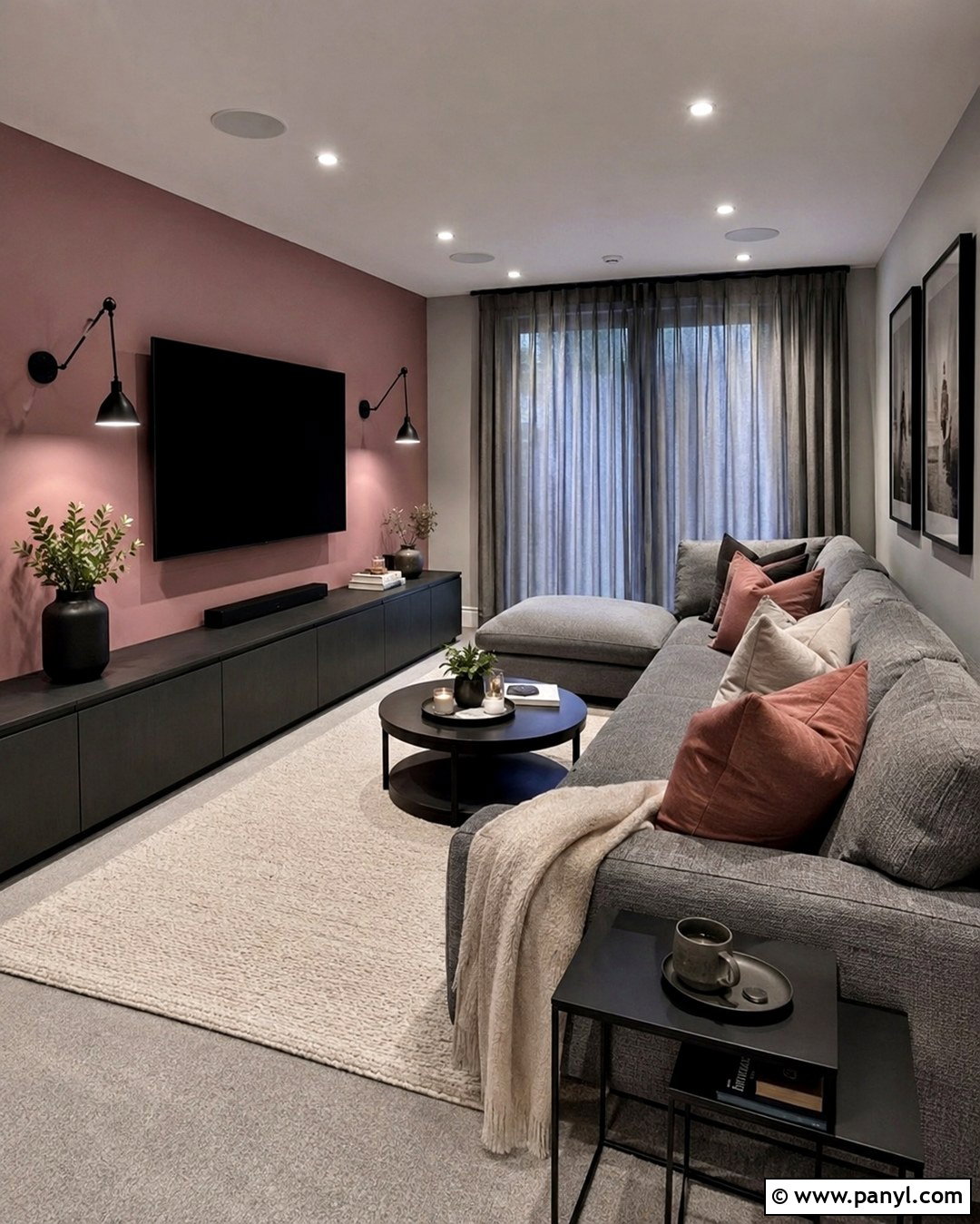 Pink Accent Wall With Grey Media Room - 20 Grey Room With Pink Accent Wall Ideas