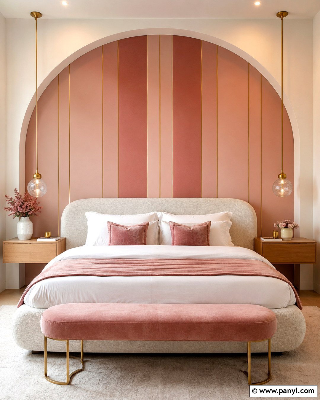Pink And Gold Striped Headboard Arch Wall - 20 Pink And Gold Striped Wall Ideas