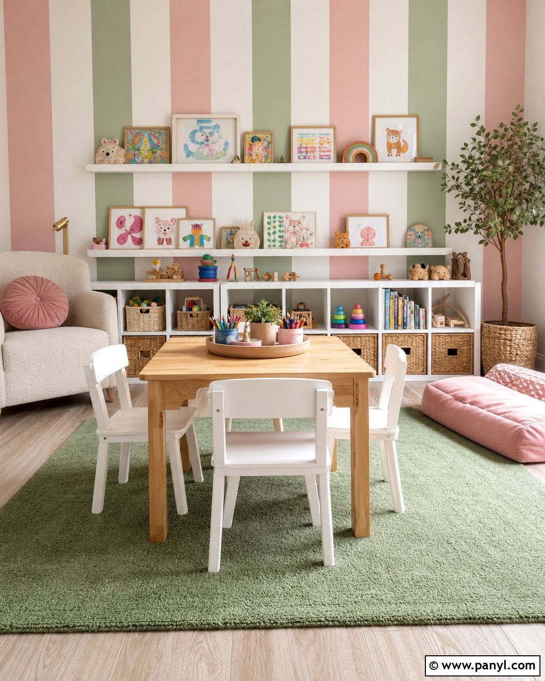 Pink And Green Striped Playroom Walls - 30 Pink Striped Walls