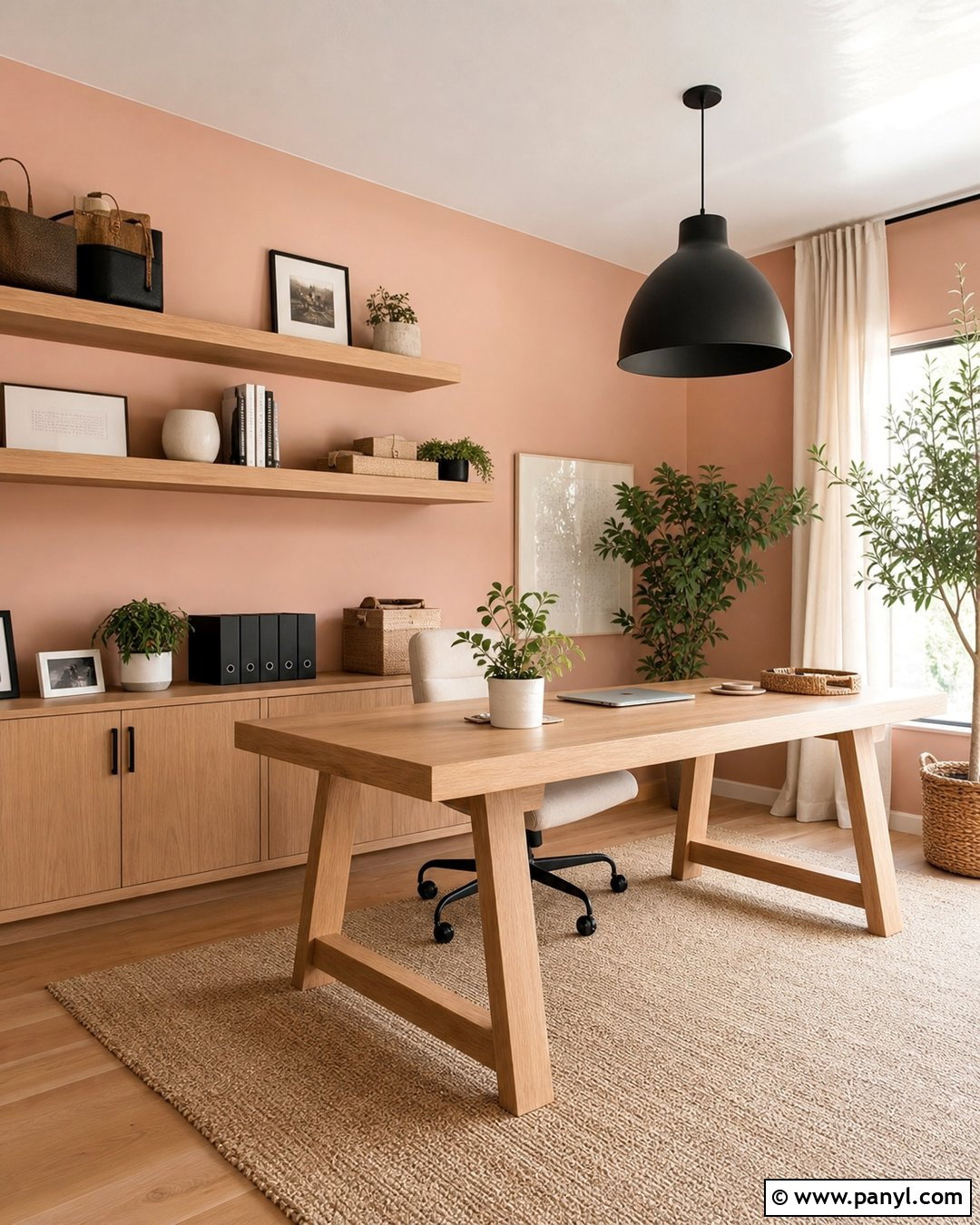 Pink And Natural Wood Office - 35 Pink Wall Color Ideas