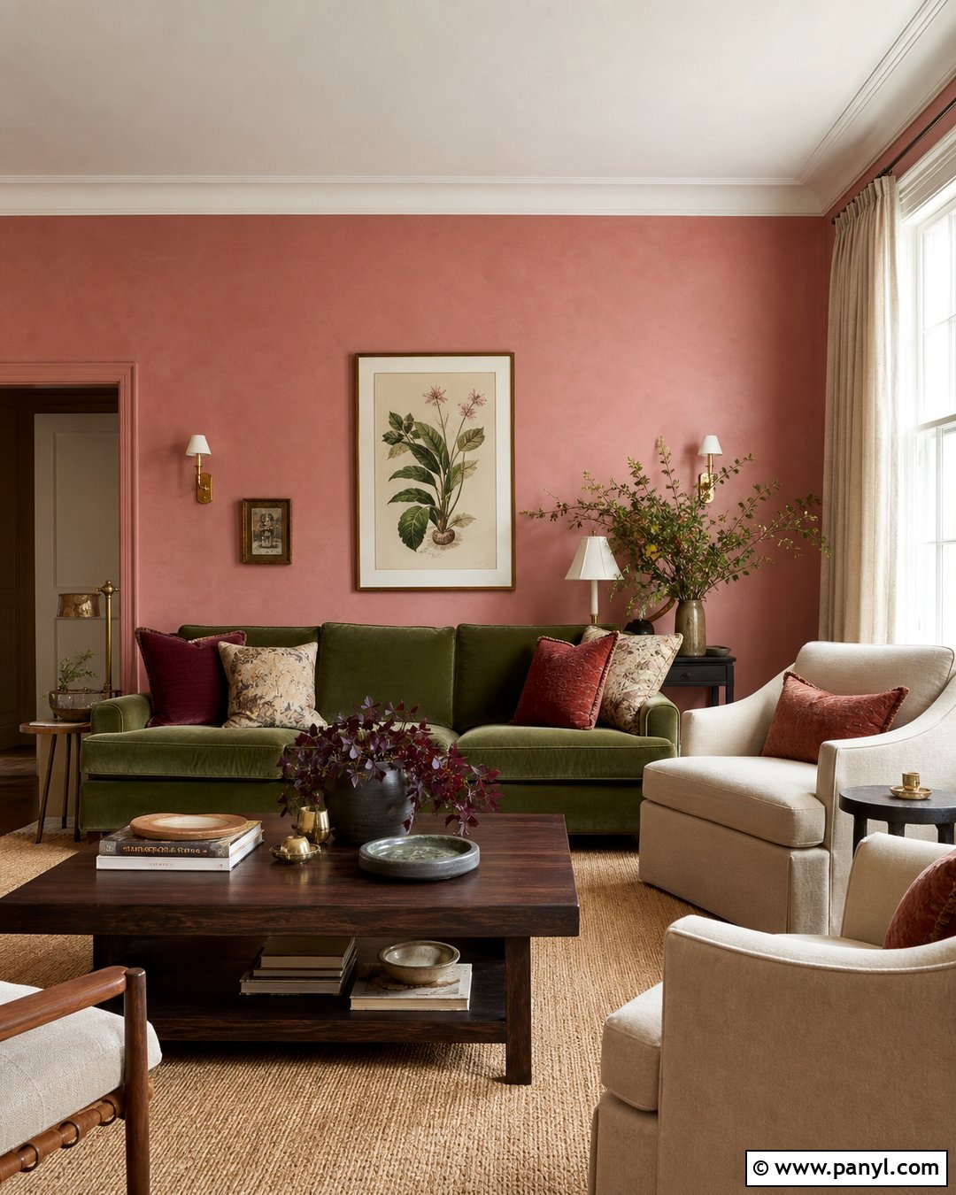 Pink And Olive Green Living Room - 50 Pink Wall Ideas