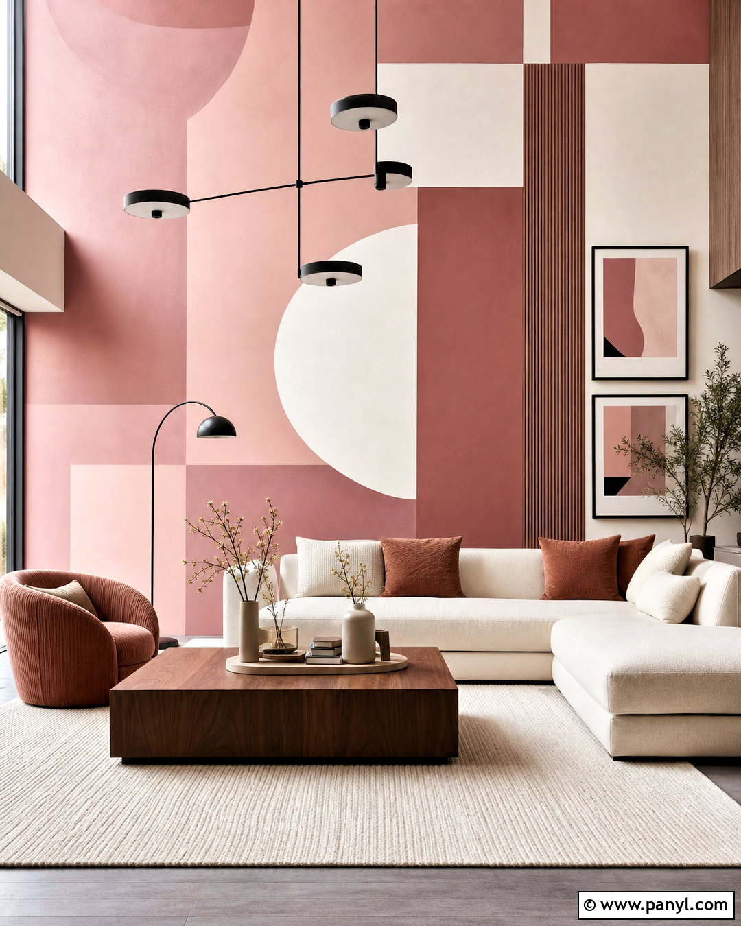 Pink And White Geometric Living Room Wall - 20 pink and white wall ideas