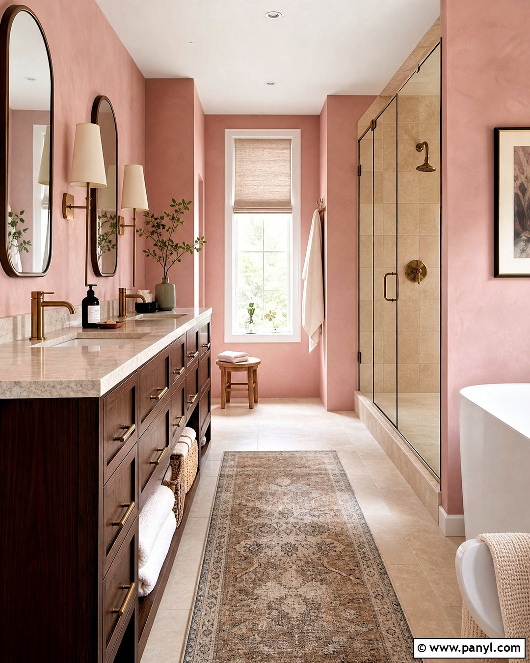 Pink Bathroom With Dark Wood - 20 pink bathroom inspo ideas