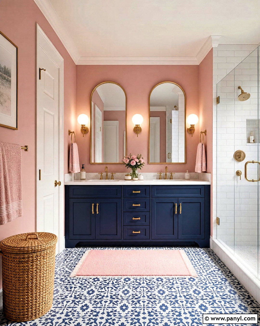Pink Bathroom With Navy Vanity - 20 pink bathroom inspo ideas