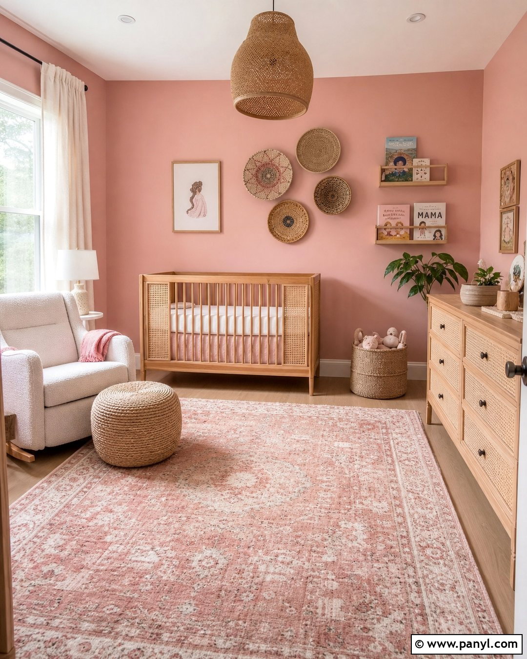 Pink Boho Nursery With Rattan Furniture - 25 Pink Walls Nursery Ideas