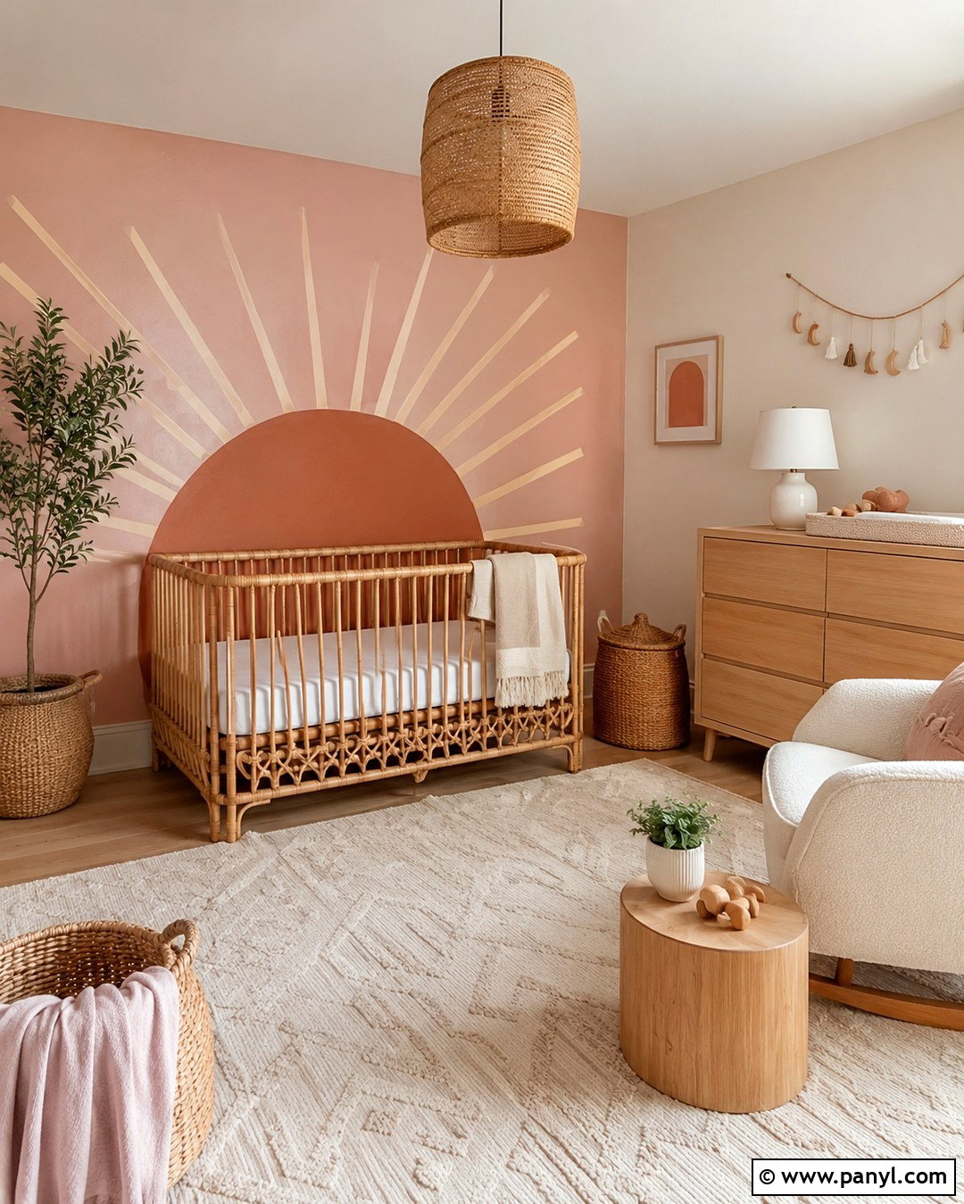 Pink Boho Sun Accent Wall - 20 Baby Girl Nursery Pink Accent Wall Ideas