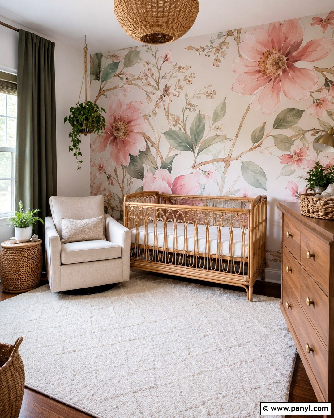 Pink Botanical Mural Accent Wall - 20 Baby Girl Nursery Pink Accent Wall Ideas