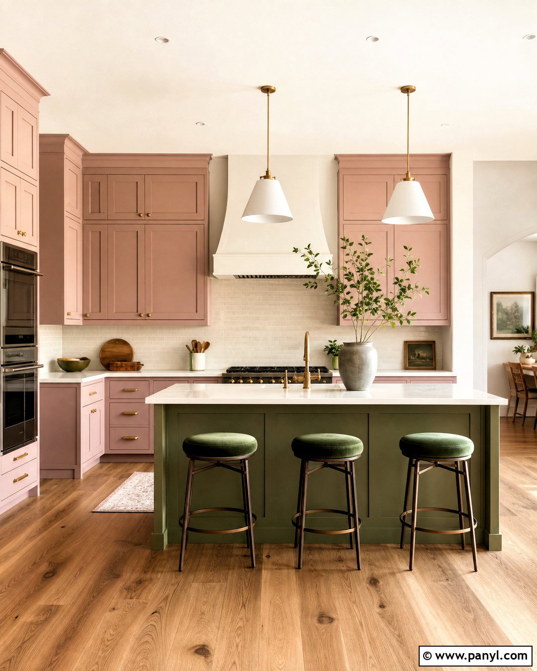Pink Cabinets With Olive Green Island - 20 pink and green kitchen ideas