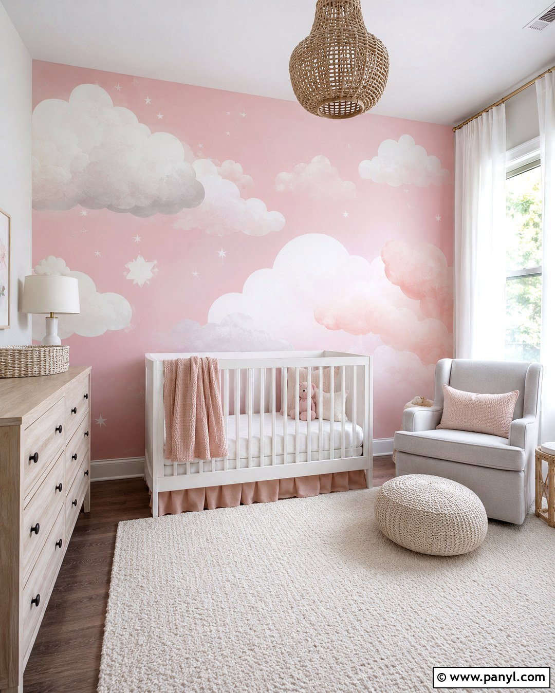 Pink Cloud Mural Accent Wall - 20 Baby Girl Nursery Pink Accent Wall Ideas