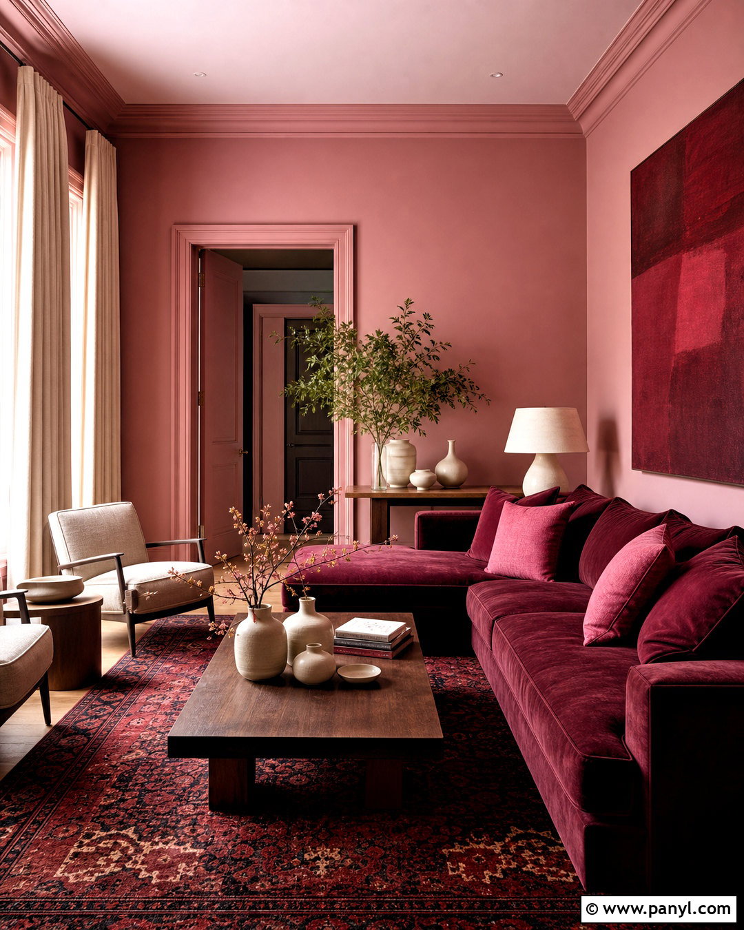 Pink Color Drenched Living Room - 20 pink walls living room ideas