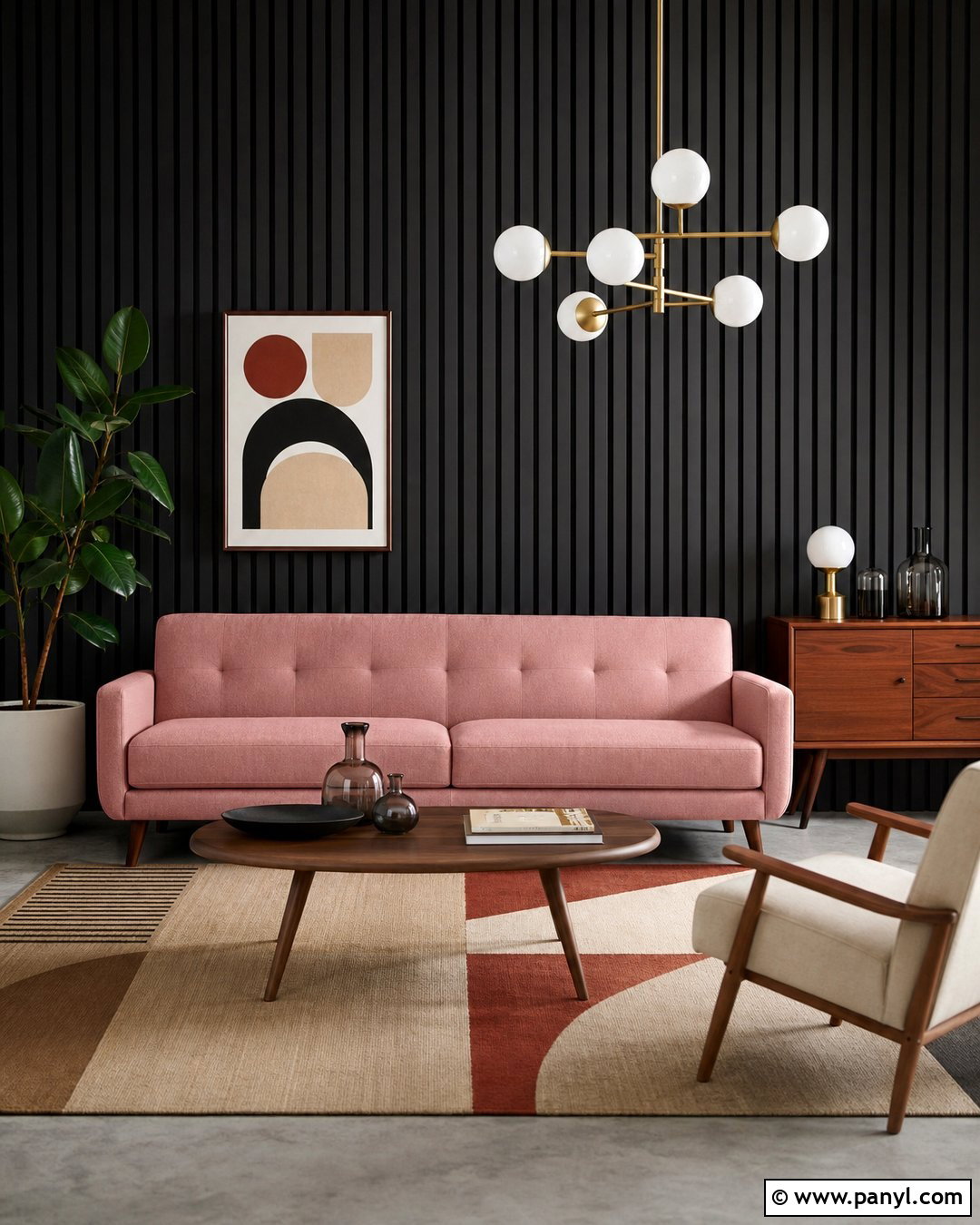 Pink Couch With Black Wood Slat Wall - 20 Pink Couch Black Wall Ideas