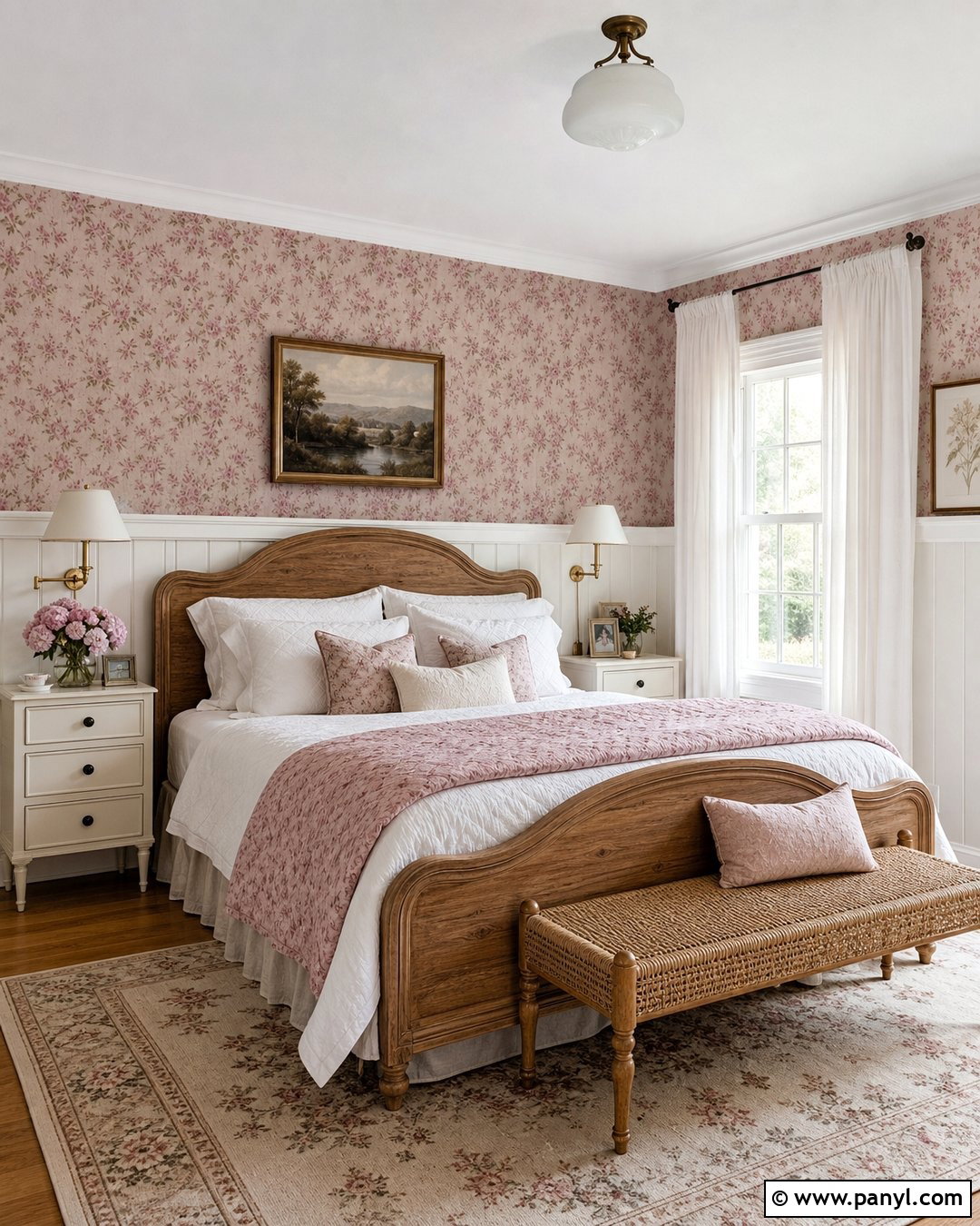 Pink Floral Walls With White Paneling - 25 White Pink Walls