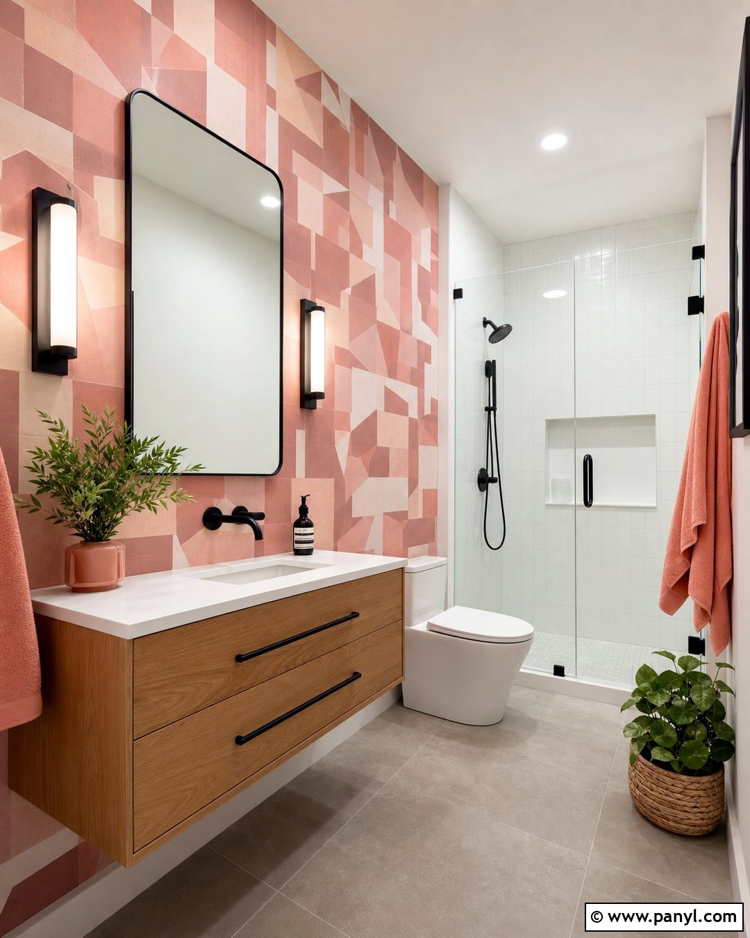 Pink Geometric Wallpaper Bathroom - 25 Pink Wallpaper Bathroom Ideas