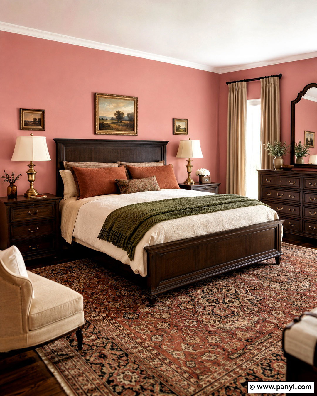 Pink Ground Bedroom With Dark Wood - 40 pink ground farrow and ball ideas