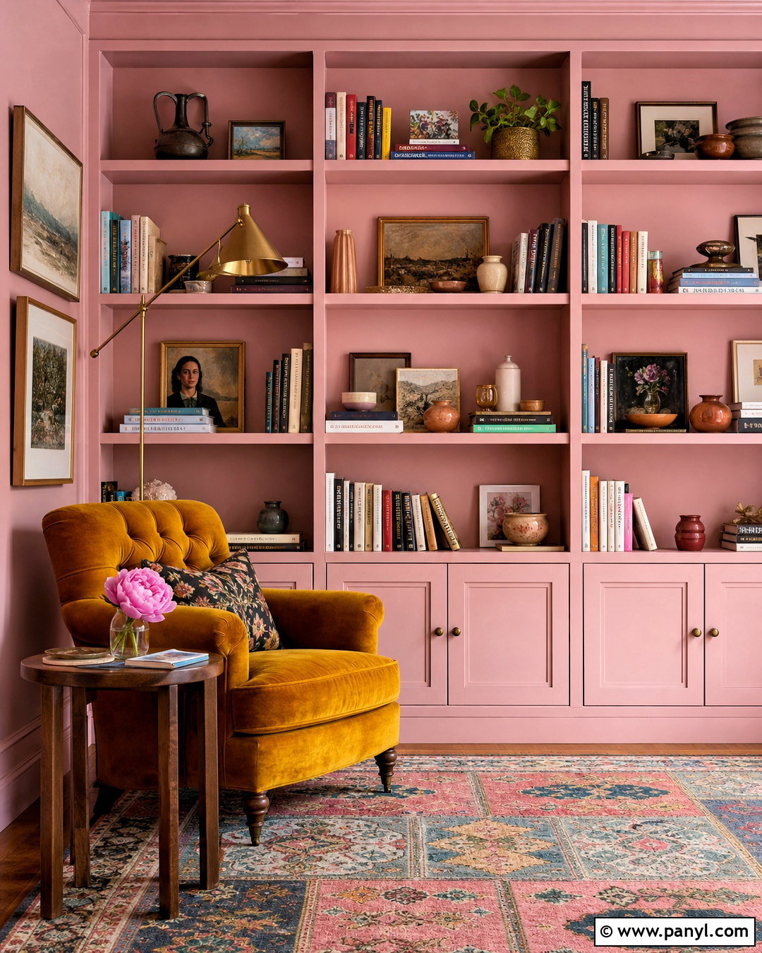 Pink Ground Built-Ins With Mustard Yellow - 20 farrow and ball pink ground ideas
