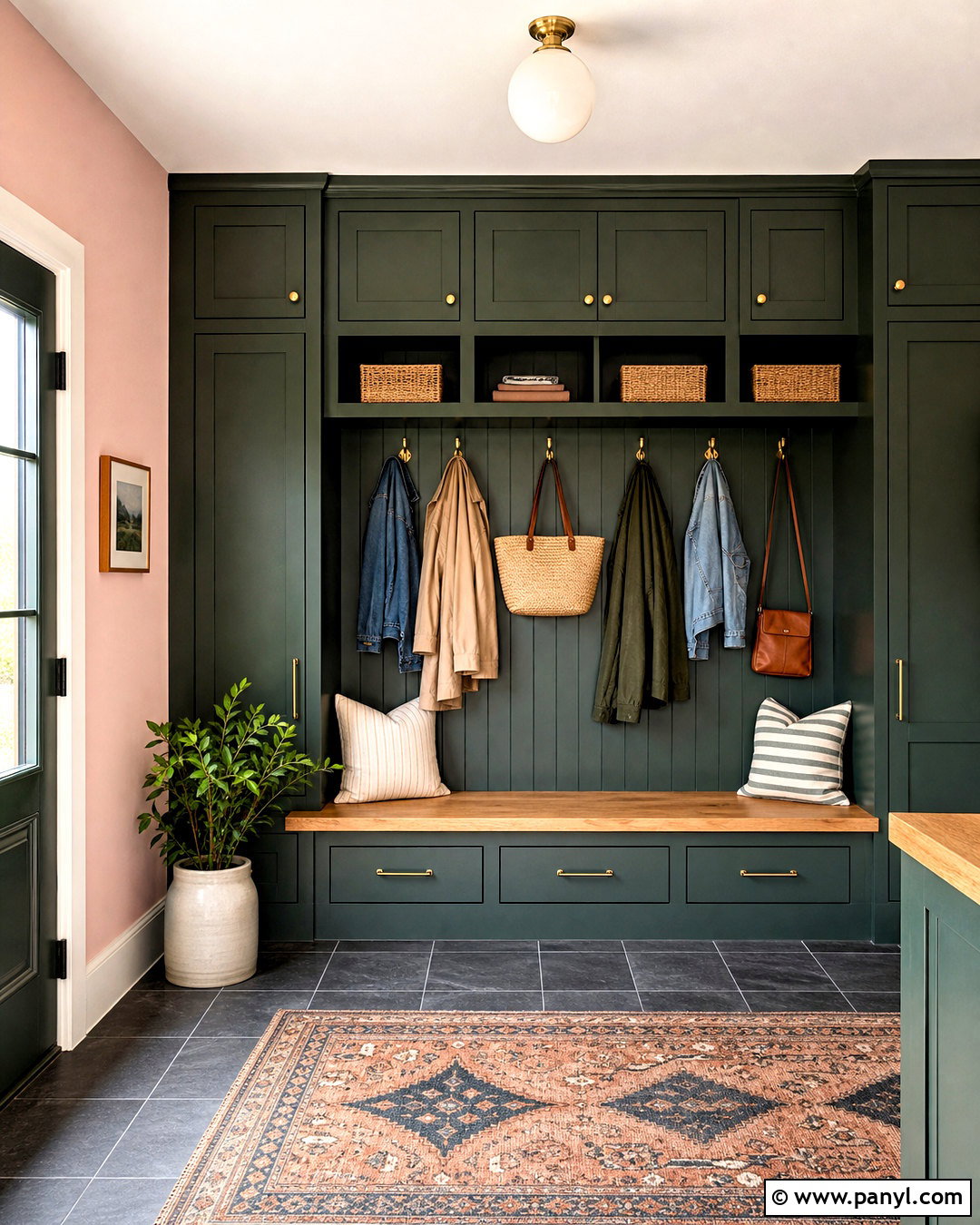 Pink Ground Mudroom With Green Cabinets - 20 farrow and ball pink ground ideas