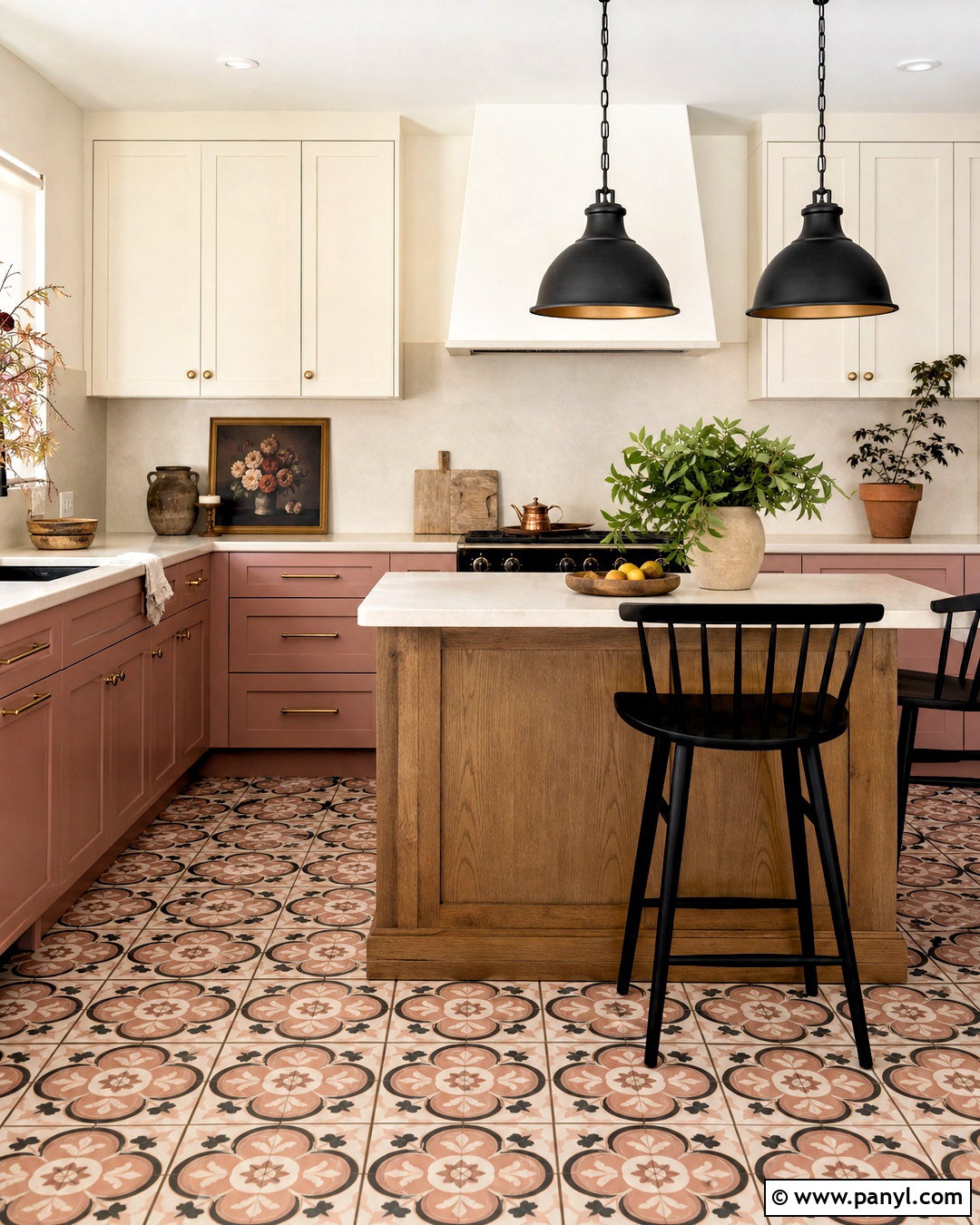 Pink Kitchen With Colorful Floor Tile - 20 pink kitchen inspiration ideas