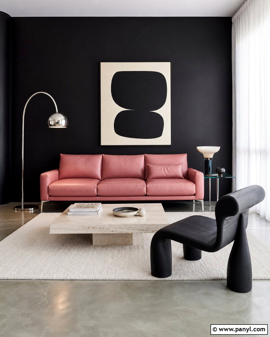 Pink Leather Couch With Smooth Black Wall - 20 Pink Couch Black Wall Ideas