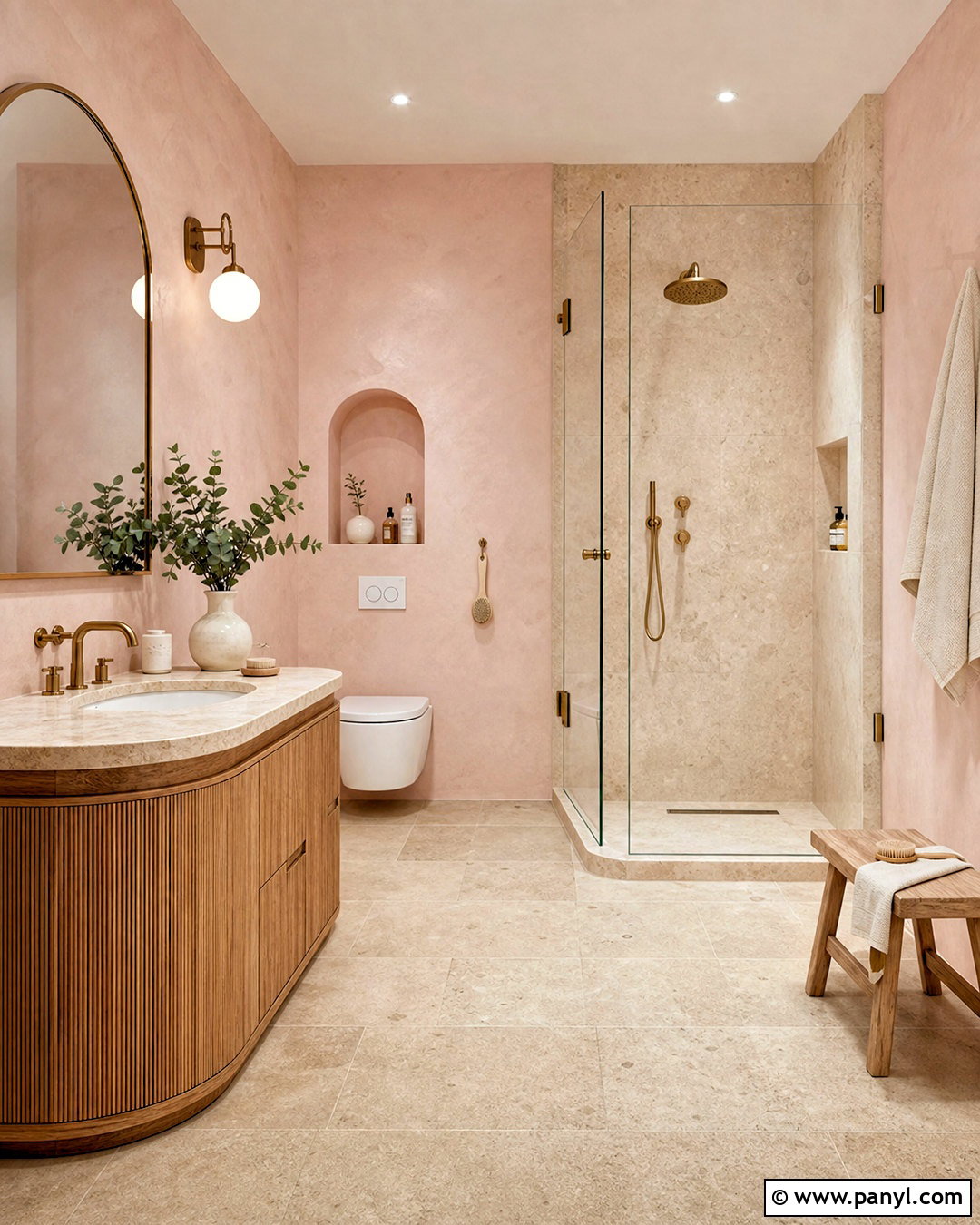 Pink Limewash Bathroom With Travertine - 20 modern pink bathroom ideas