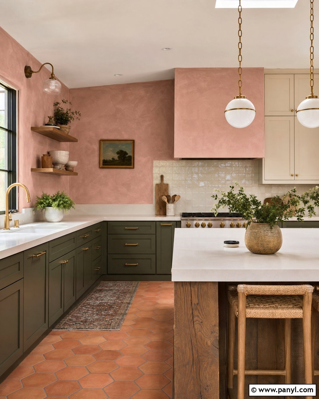 Pink Limewash Kitchen With Green Cabinets - 25 Limewash Pink Walls