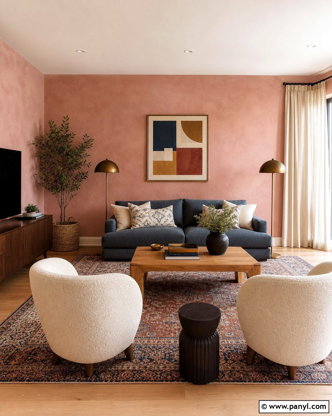 Pink Limewash Living Room With Blue Sofa - 25 Limewash Pink Walls