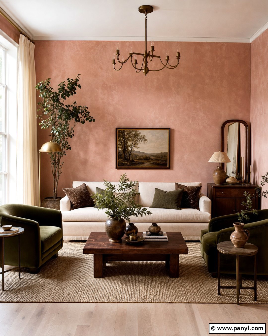 Pink Limewash Living Room With Green Accents - 25 Limewash Pink Walls