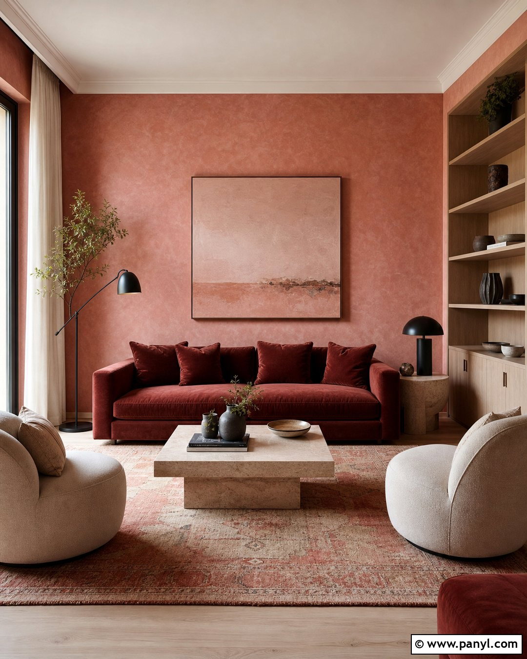 Pink Limewash Wall With Red Sofa - 25 Pink And Red Wall Ideas