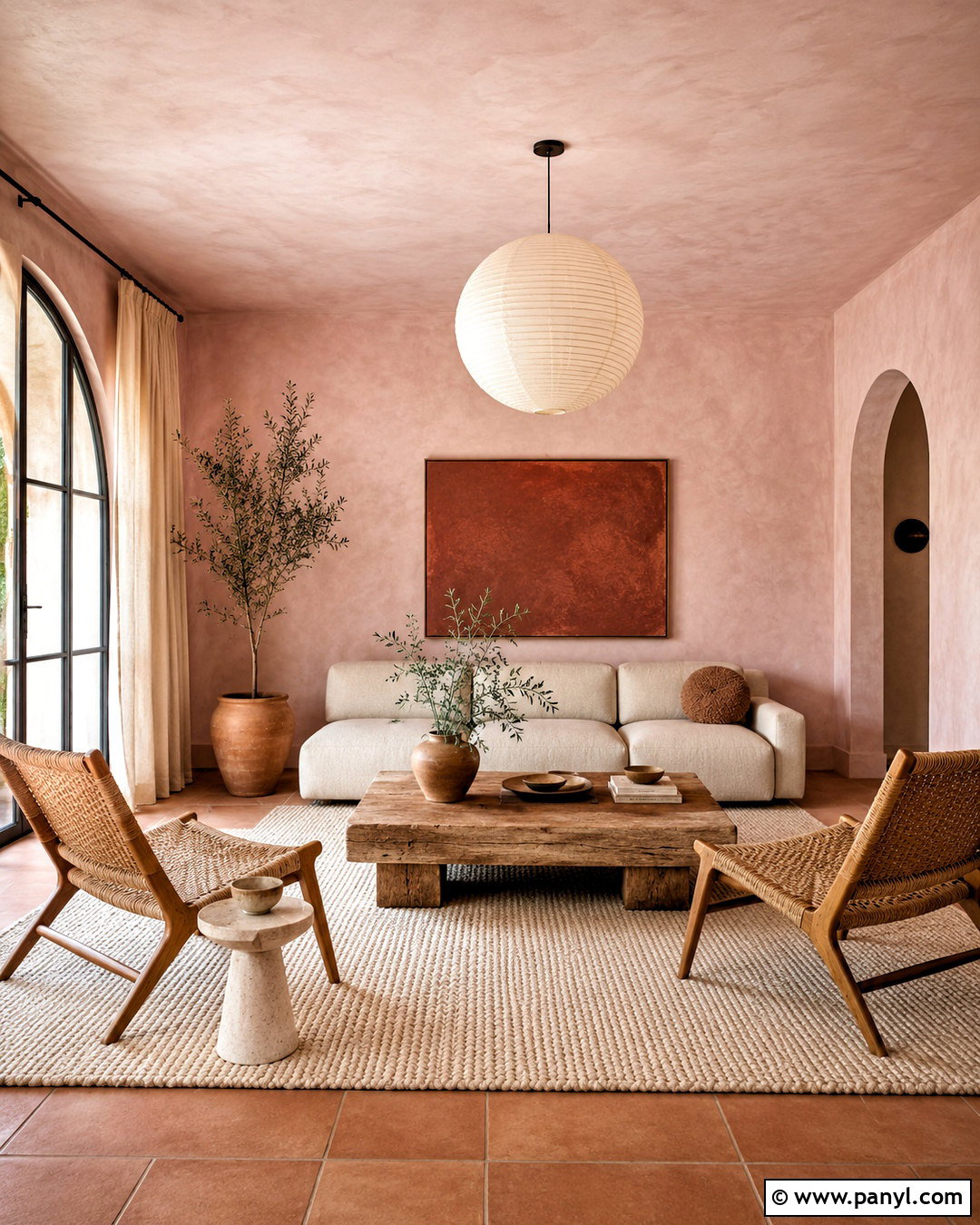 Pink Limewash Walls With Natural Textures - 20 pink wall living room ideas