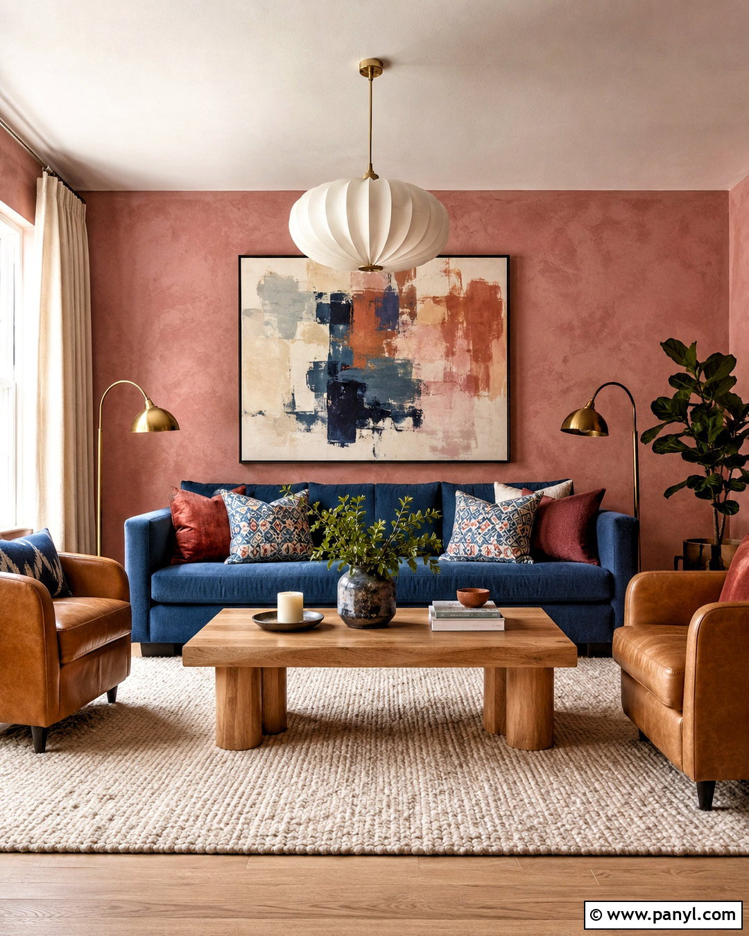 Pink Limewash and Blue Sofa Living Room - 40 Pink Limewash Wall Ideas