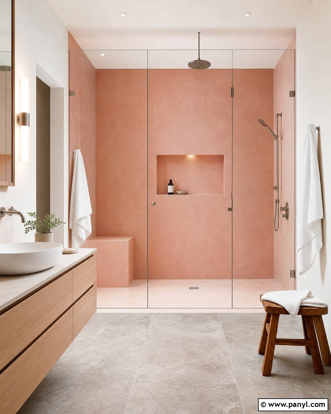 Pink Microcement Accent Wall With Walk-In Shower - 20 Modern Bathroom With Pink Accent Wall Ideas