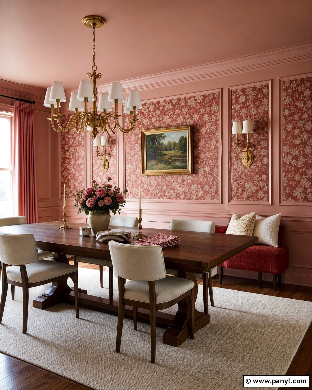 Pink Paneled Wall With Red Wallpaper Inserts - 25 Pink And Red Wall Ideas