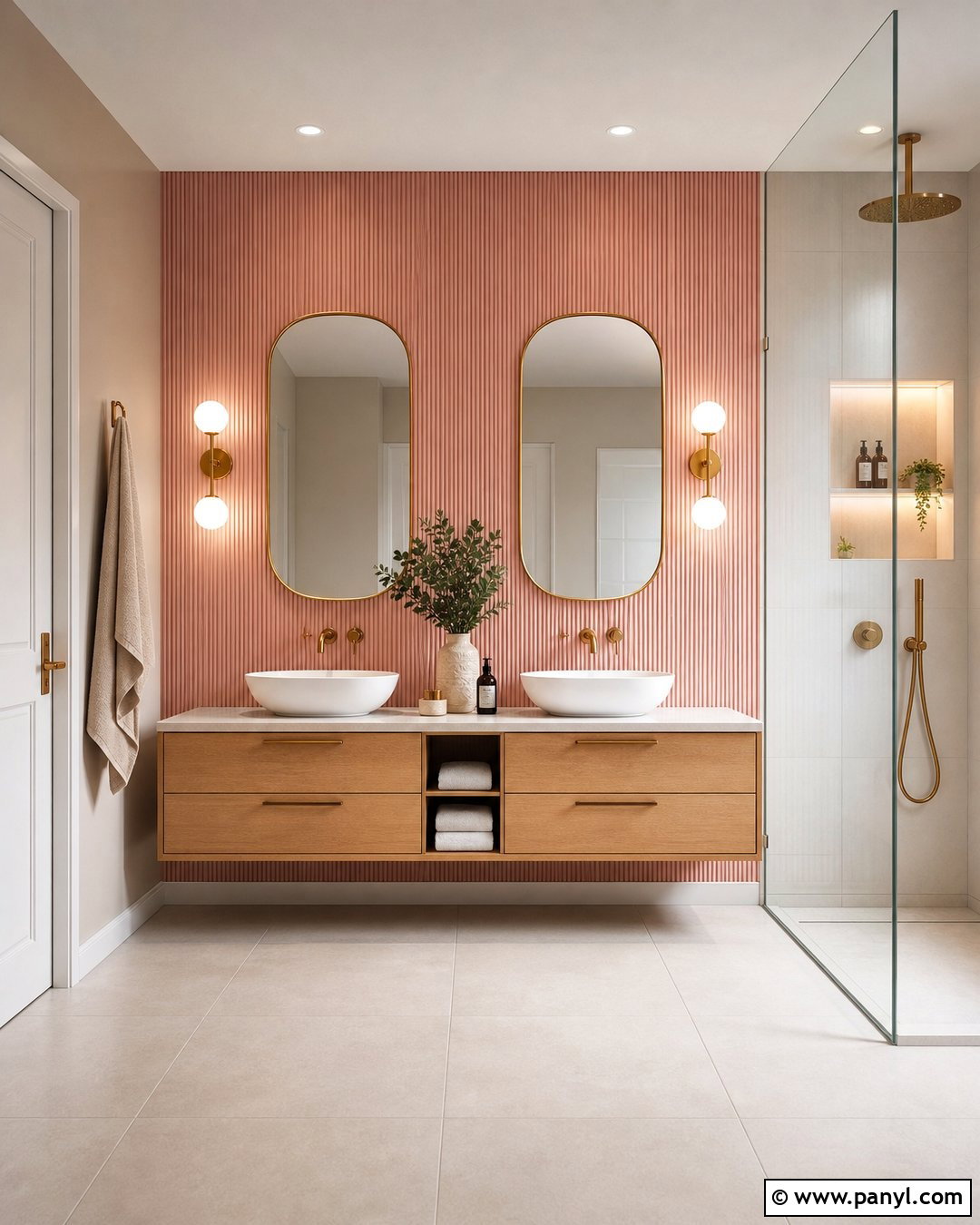 Pink Ribbed Panel Accent Wall With Double Vanity - 20 Modern Bathroom With Pink Accent Wall Ideas