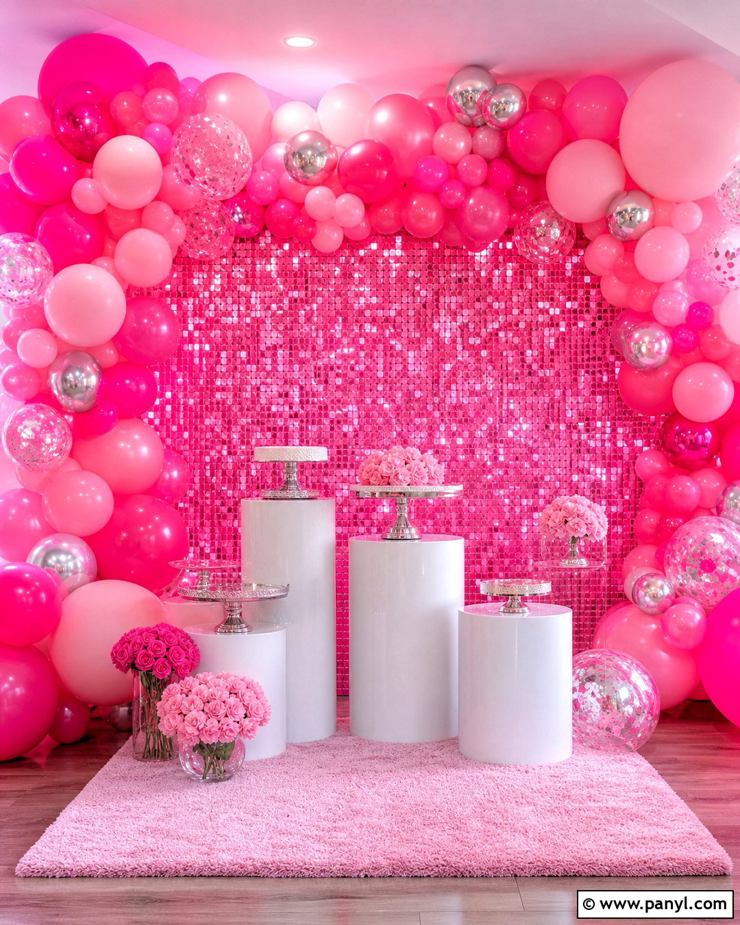 Pink Shimmer Wall With Hot Pink Balloons - 20 shimmer wall with balloons
