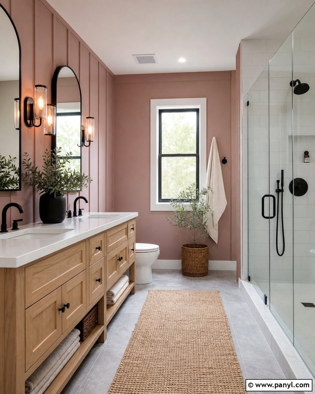 Pink Shiplap Accent Wall With Modern Farmhouse Vanity - 20 Modern Bathroom With Pink Accent Wall Ideas