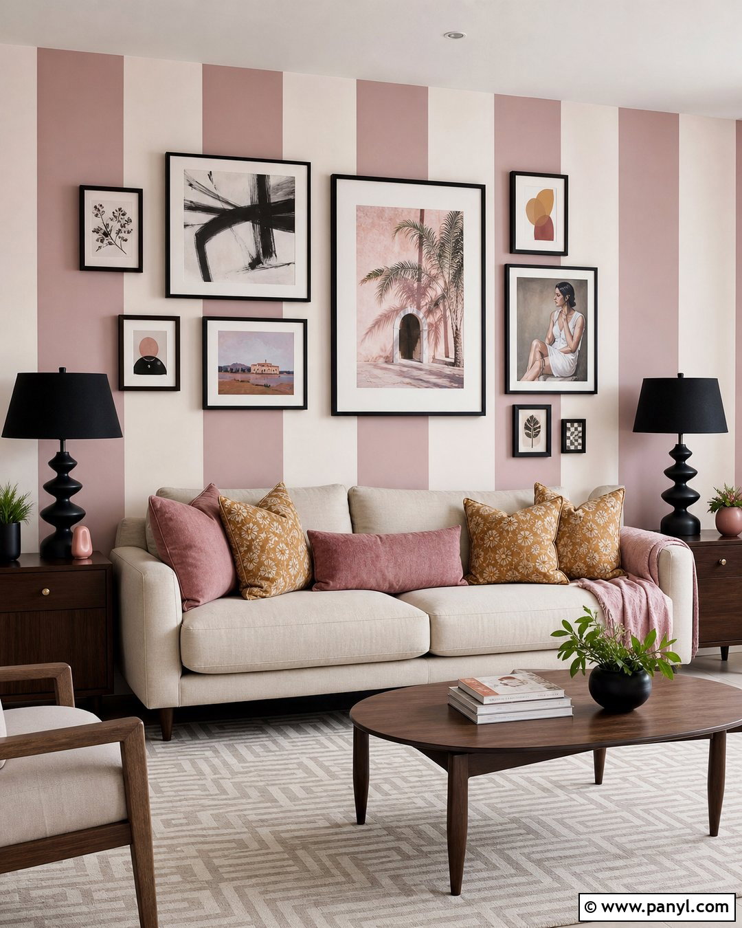 Pink Stripe Wall With Gallery Frames - 30 pink stripe wall ideas