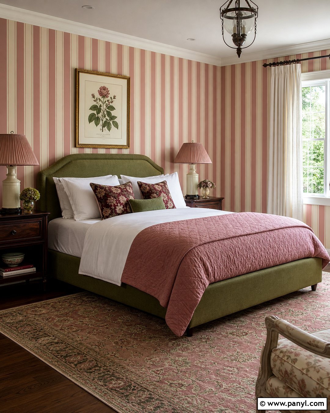 Pink Stripe Wall With Green Bed - 30 pink stripe wall ideas