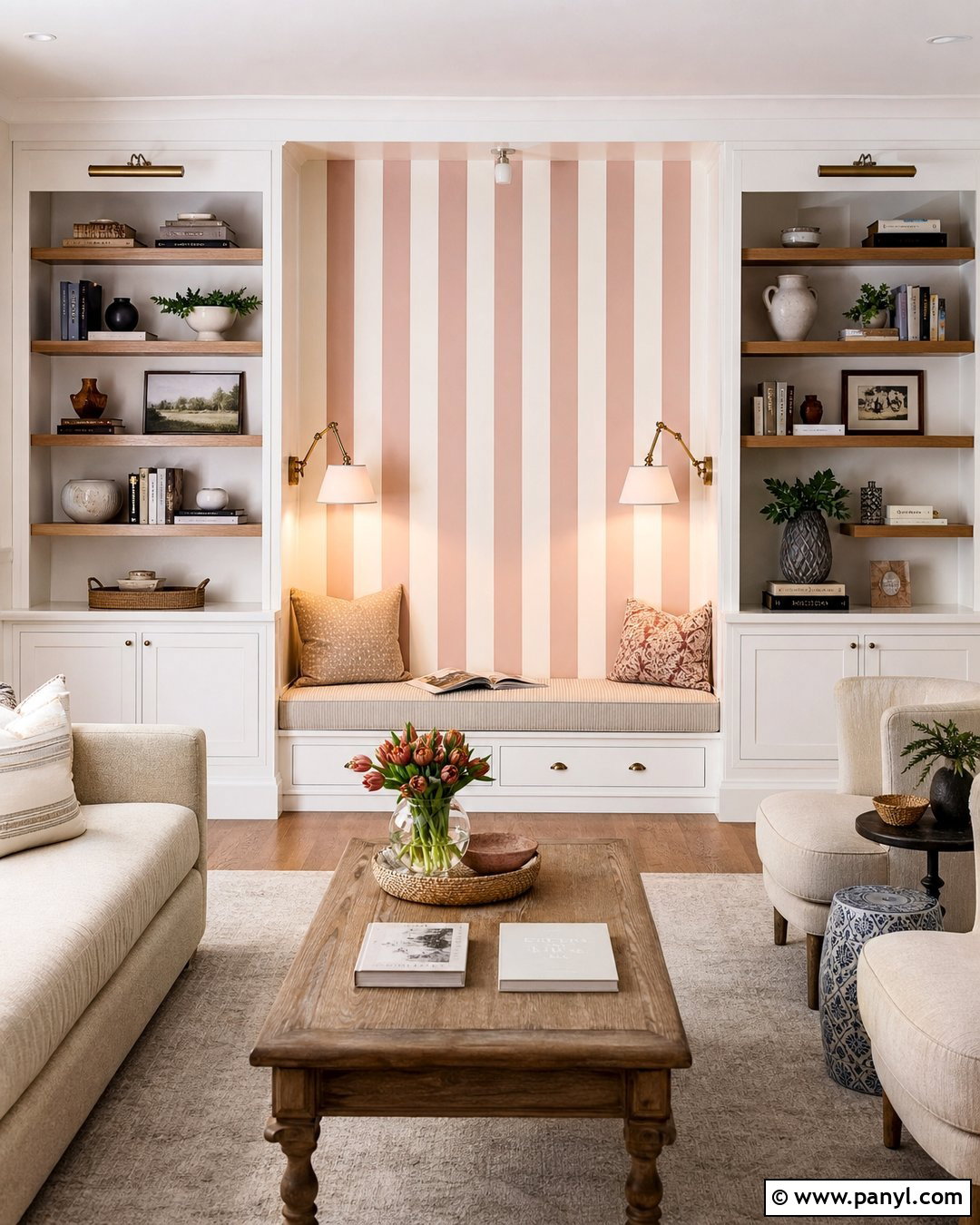 Pink Striped Accent Wall With Built-Ins - 30 Pink Striped Walls