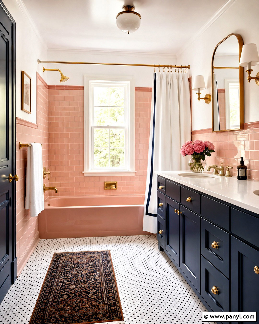 Pink Subway Tile Bathroom With Blue Vanity - 20 pink bathroom ideas decor ideas
