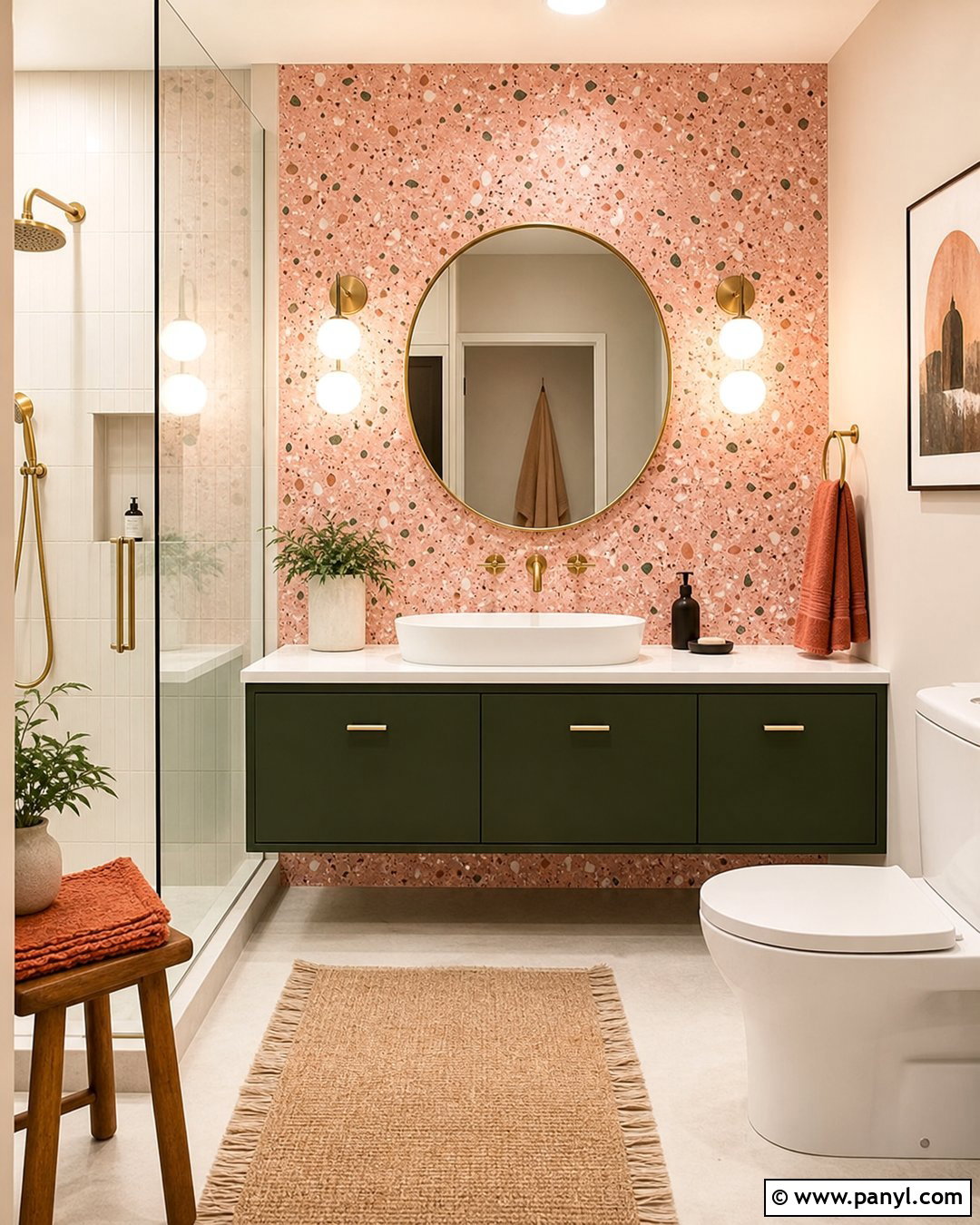 Pink Terrazzo Accent Wall With Green Vanity - 20 Modern Bathroom With Pink Accent Wall Ideas