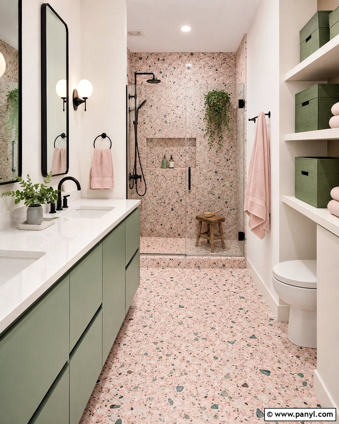 Pink Terrazzo And Green Cabinet Bathroom - 20 pink and green bathroom ideas