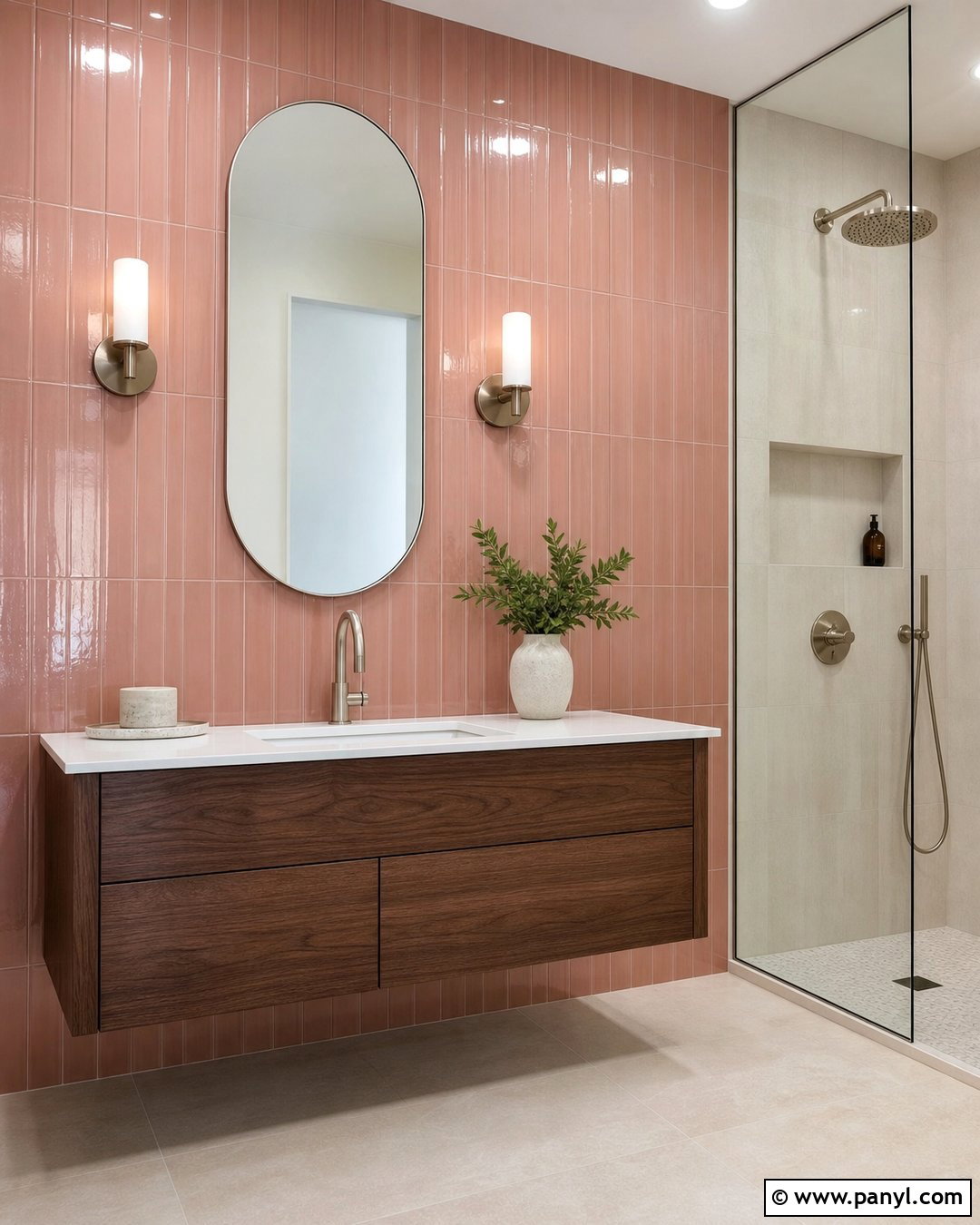Pink Tile Accent Wall With Floating Vanity - 20 Modern Bathroom With Pink Accent Wall Ideas