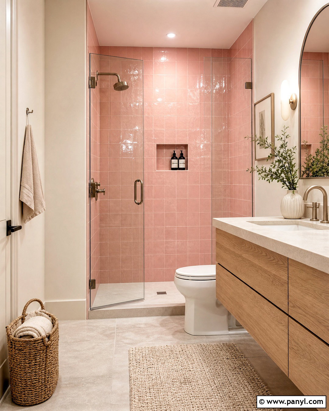 Pink Tile Bathroom With Oak Vanity - 20 pink bathroom inspo ideas