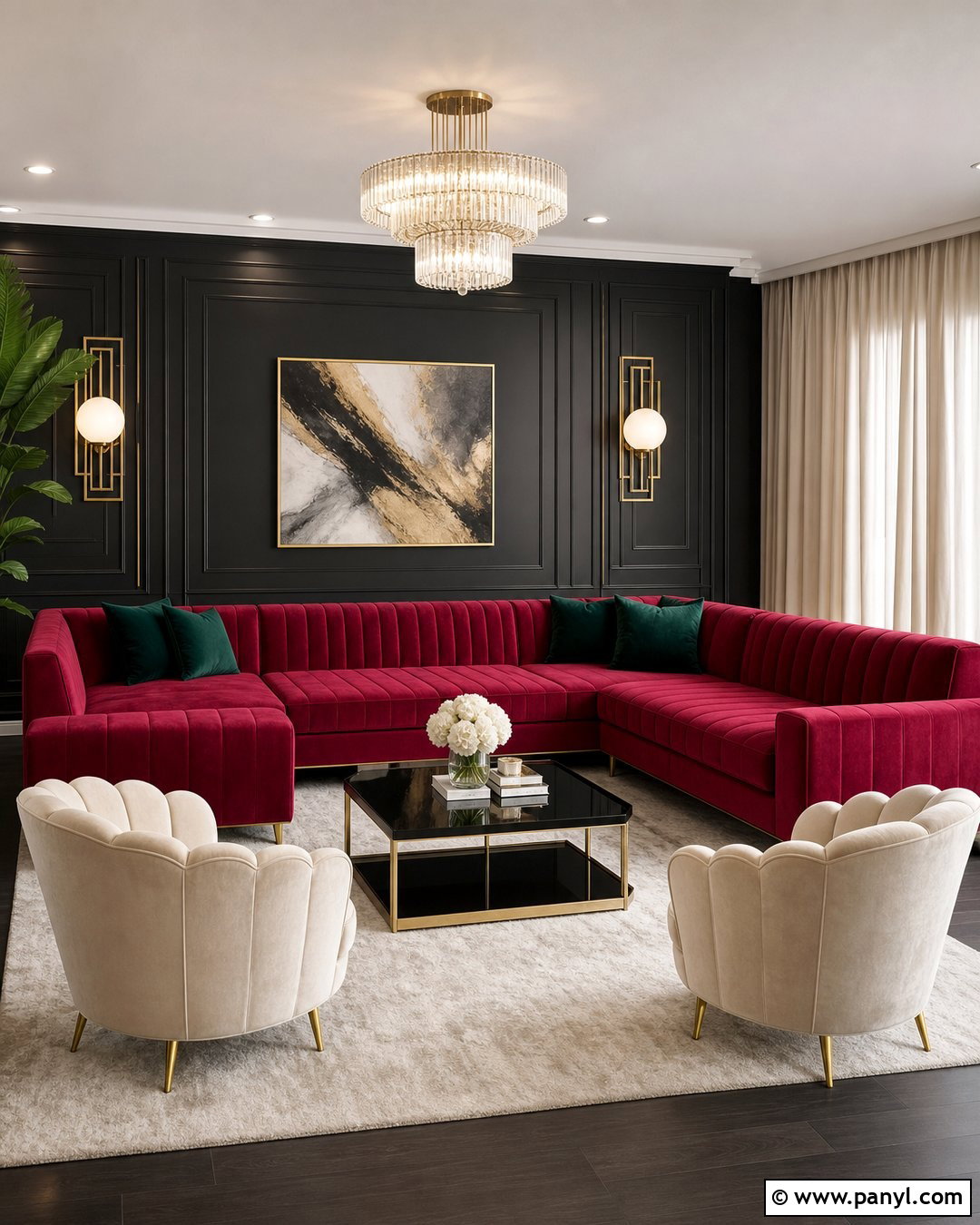 Pink Velvet Sectional With Black Art Deco Wall - 20 Pink Couch Black Wall Ideas