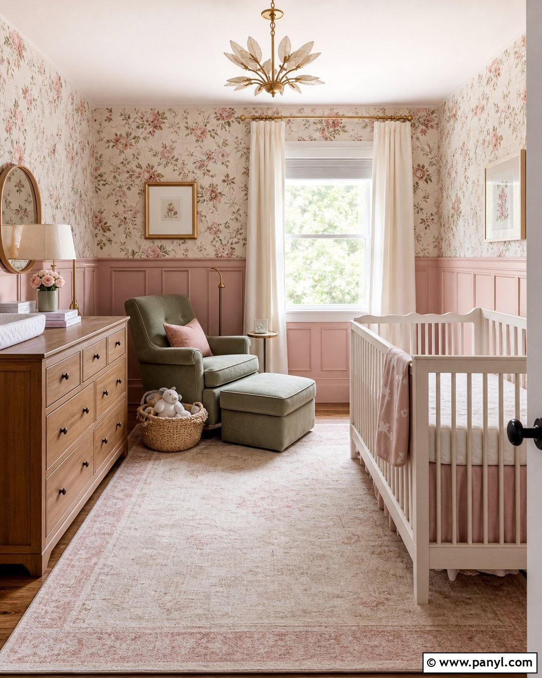 Pink Wainscoting Nursery With Floral Wallpaper - 25 Pink Walls Nursery Ideas