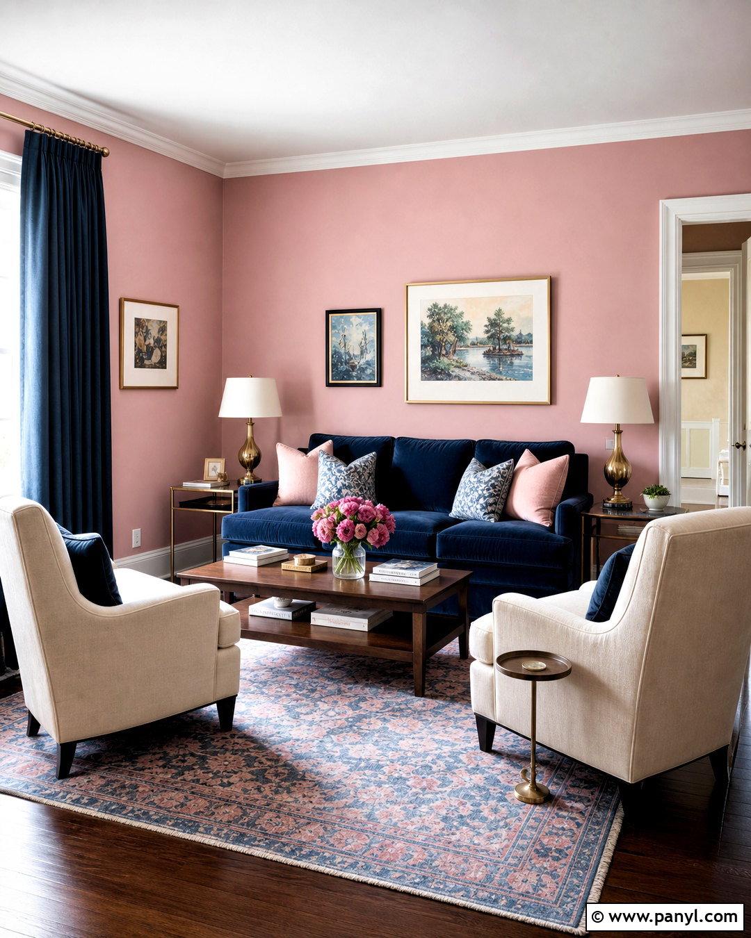 Pink Wall Living Room With Navy Sofa - 20 pink wall room ideas